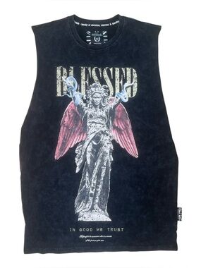 Sz M Blessed Graphic Muscle Tee with Pink Angel Wings